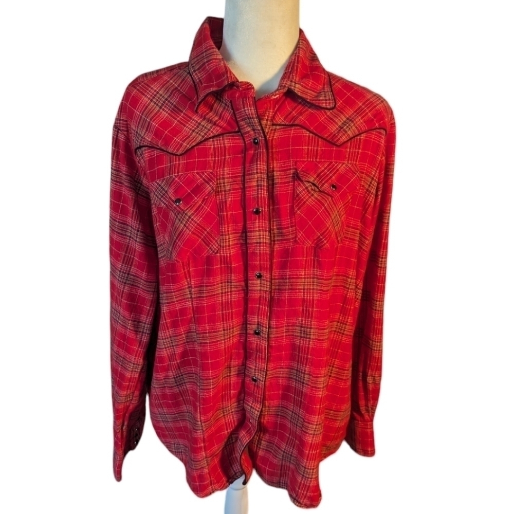 Back in The Saddle Western Pearl Snap cowgirl red Plaid Shirt Embroidery sz XL - Picture 9 of 11
